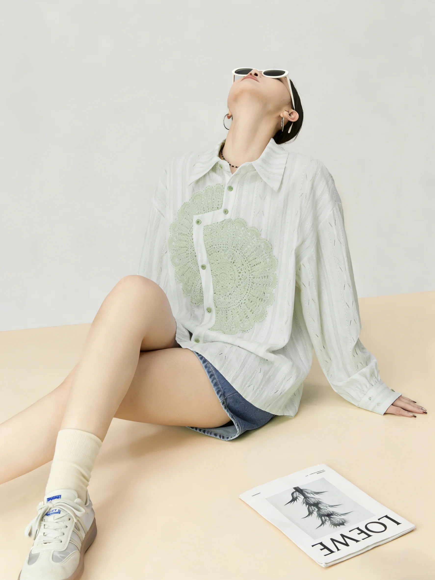 

White Embroidered Stripe Long Sleeve Shirt Women's Style 2026 New Spring Commute Hong Kong Style Casual Loose Fit Polyester B...