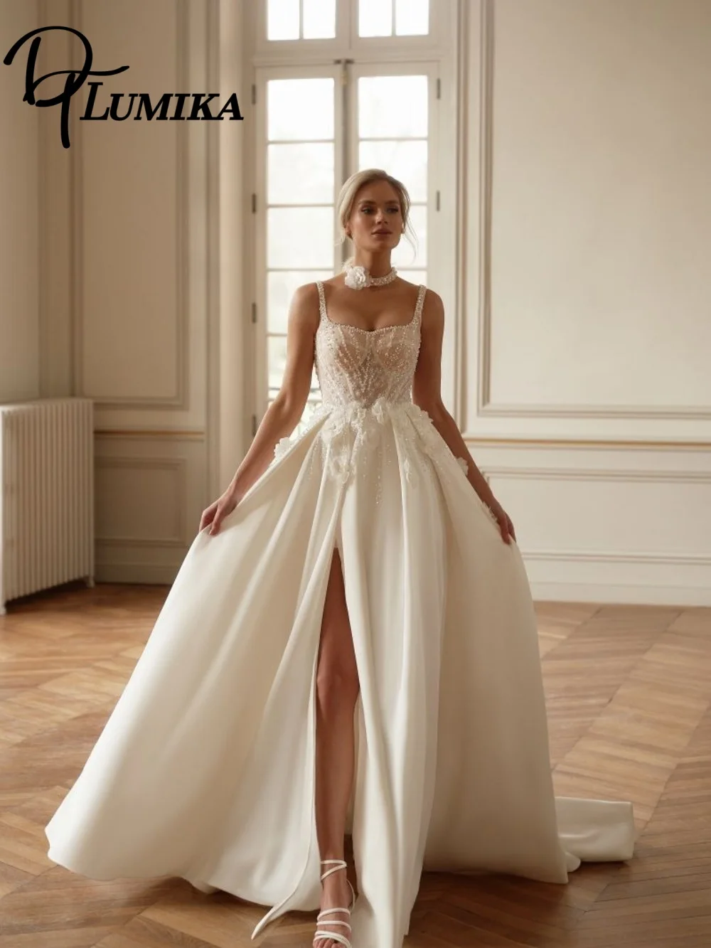 

Romantic 3D Floral Wedding Dress, Elegant Spaghetti Strap Bridal Gown, Graceful Side Slit Satin A-Line Floor-Length Wedding Gown