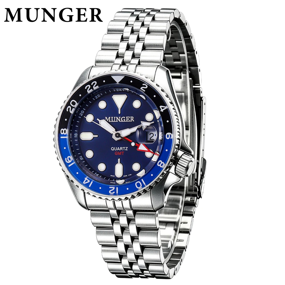 MUNGER 42mm Men's Analog Watch GMT 515-24H Watch BGW9 Luminous 100m Waterproof Stainless Steel Men's Quartz Watches