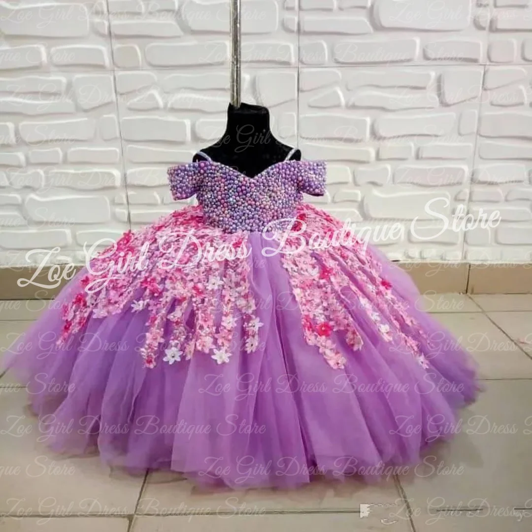 

Lavender Beaded Flower Girl Dresses for Wedding Floral Off The Shoulder Ball Gowns Baby Girl Birthday Ball Gowns Customized