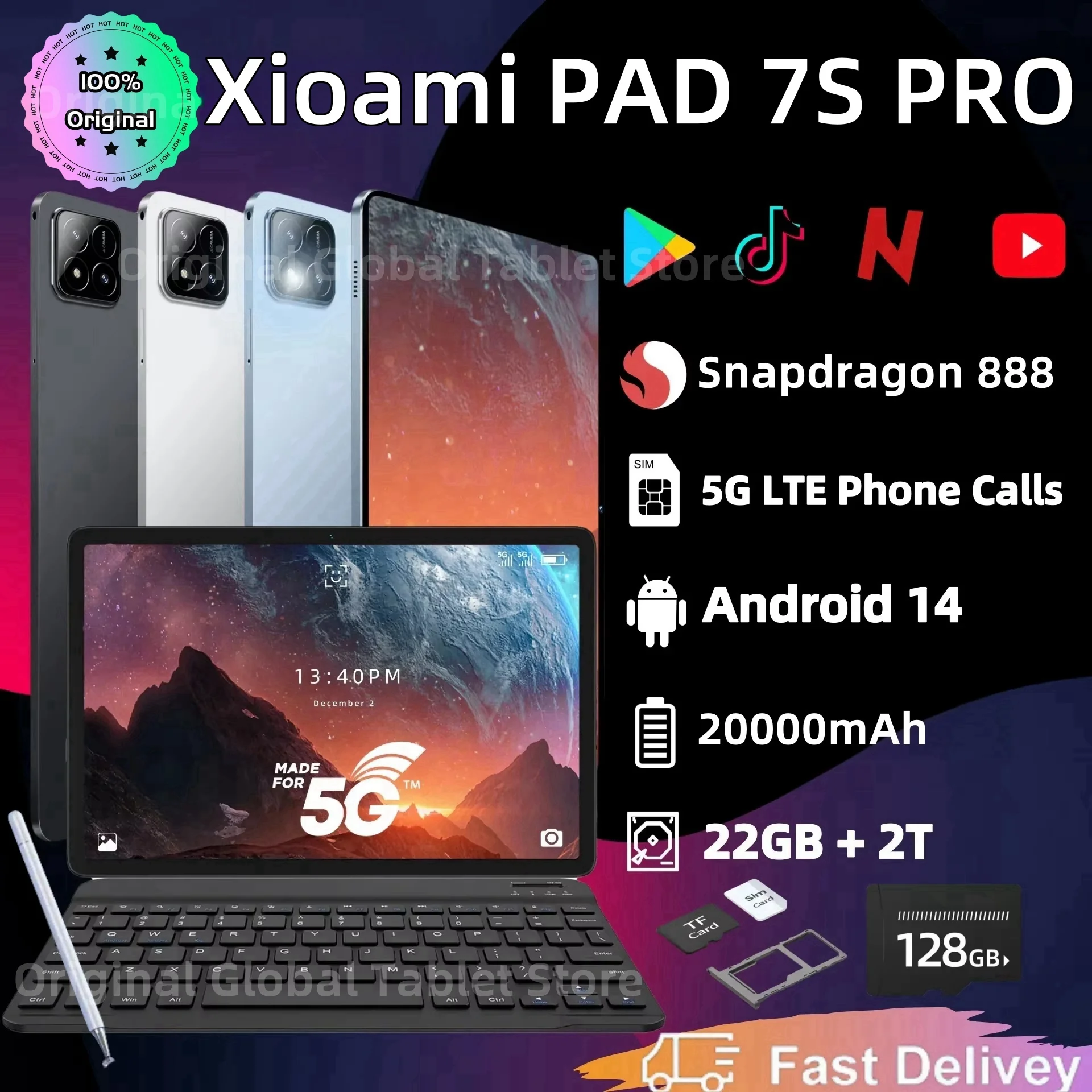 Xioami-Tableta 7S Pro de 11 pulgadas, Tablet Global Original con 22GB + 2T, 4K, HD, Android 14, 2025 mAh, 5G, SIM Dual, llamadas telefónicas, WiFi, GPS, WPS, 20000