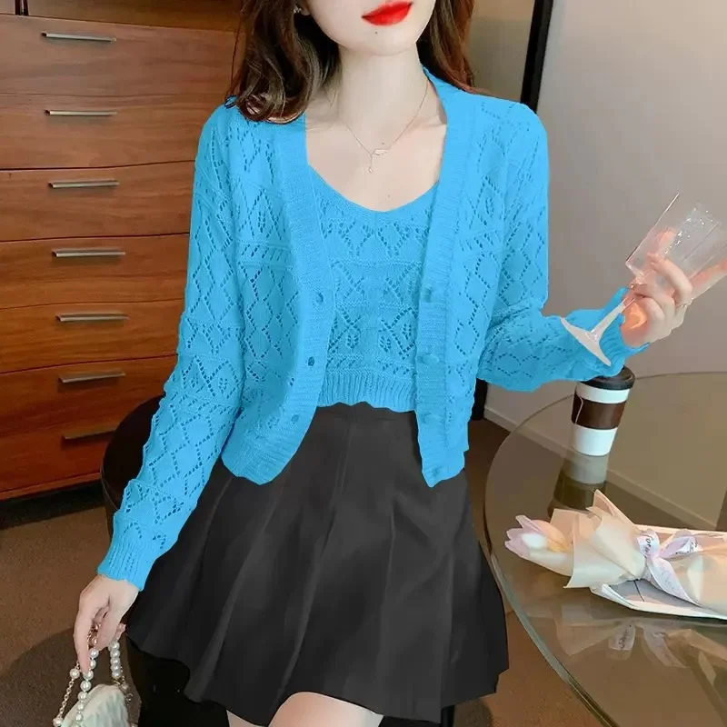 2023 Spring Autumn New Sweet and Westernized Hollow out Knit Cardigan Long Sleeve Top Short Tank Sweater Two Piece Set Fashion