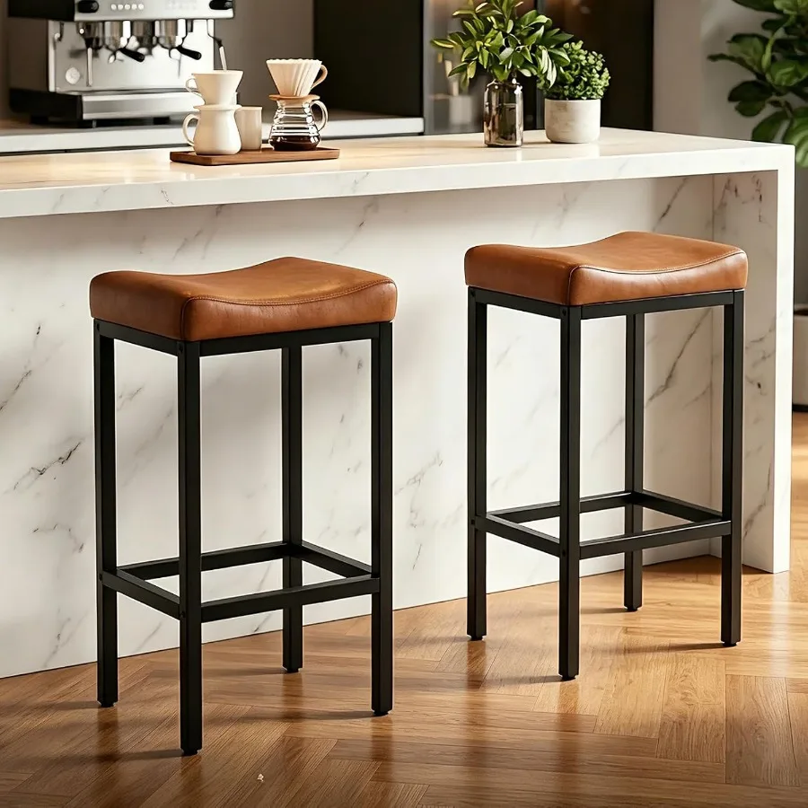 Bar Stools Set of 2, 30 Inch Backless Counter Height Bar Stools with Soft Faux Leather Seat, 300 LB Heavy Duty Padded Saddle Ba