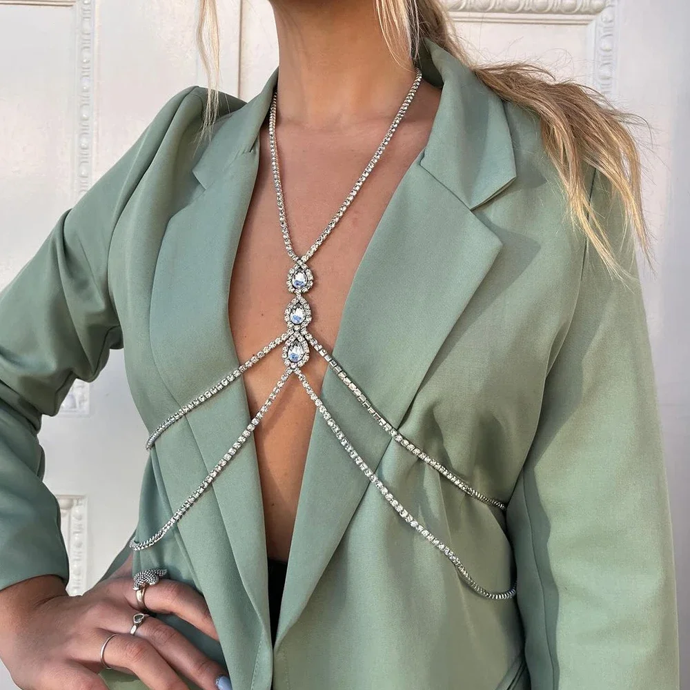 Summer Water Drop Chest Chain Top Dress Clothing Body Accessories Beach Lady Sexy Rhinestone Bra Chain Harness Bikini Jewelry