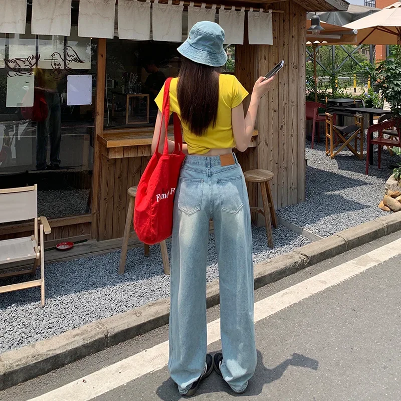 Jeans de perna larga com emenda de cintura alta azul claro lavado, verão feminino novo simples confortável solto e casual até o chão jeans