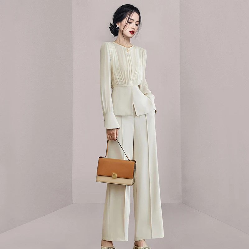 New Spring Summer Office Ladies 2 Piece Suits 2024 Elegant Women O Neck Long Sleeve Ruffles Tops + Pockets Work Wide-Leg Pants