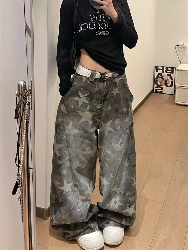 

Star Distressed Washed Jeans Women American Vintage Curved Hem Wide Leg Trousers Streetwear Loose Unique Design Y2K
