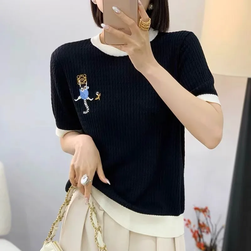 Mulheres de malha camisetas camisola verão dos desenhos animados bordado manga curta camisetas topos moda casual solto senhoras jumpers malhas