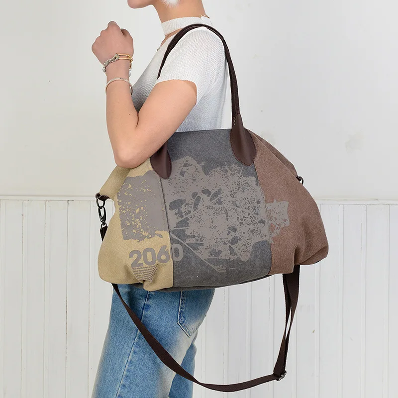 Women's Bag New Trendy Graffiti Canvas Bag Fashionable Retro Printed Women's Bag Handheld One Shoulder Crossbody Casual Bagbolsa