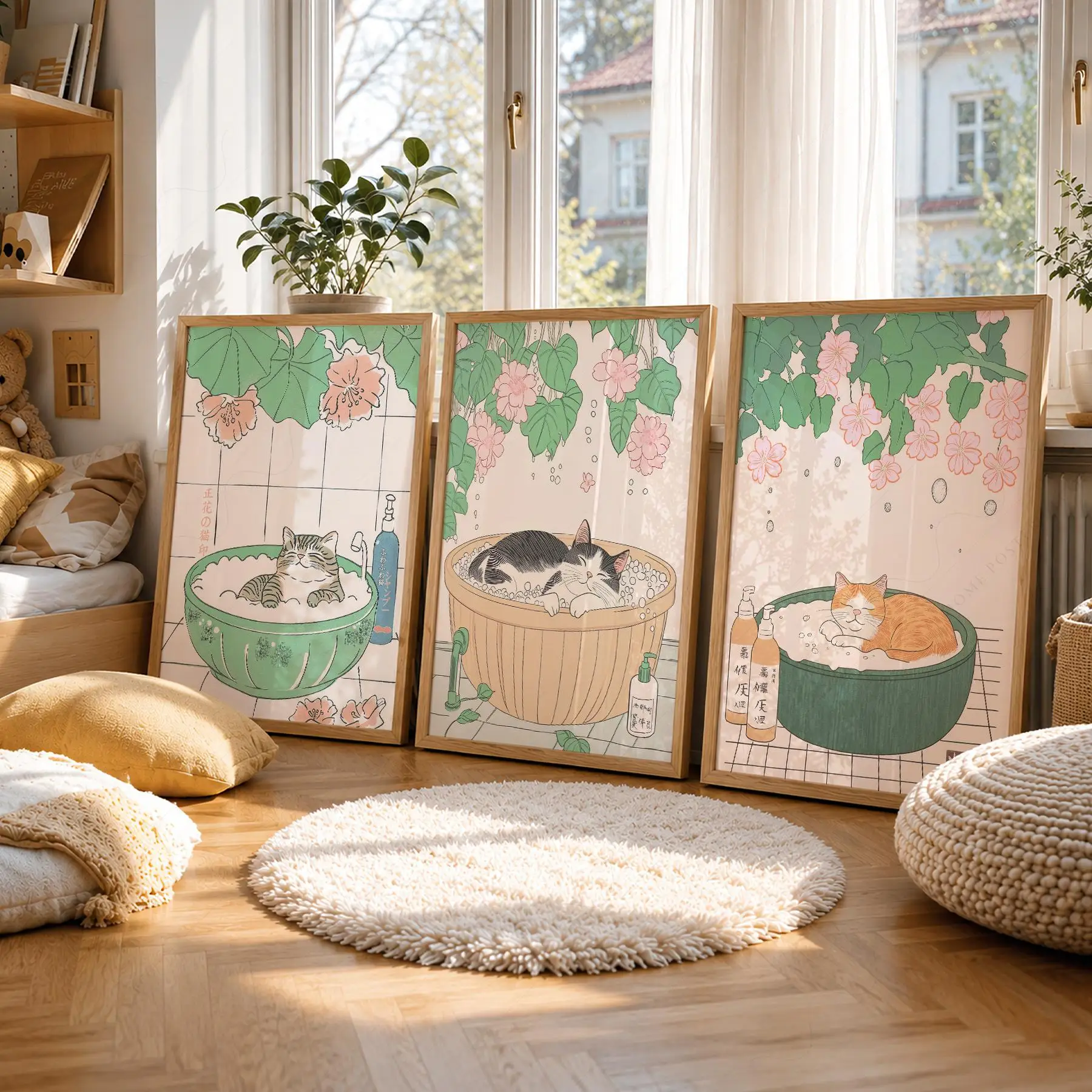 3Pcs Cute Bathing Cat Wall Art, Japanese Ukiyo-e Floral Lotus Kitty Bubble Tub Canvas Prints,Bathroom Home Decor Cat Lover Gifts