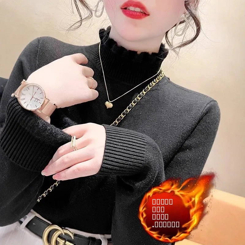 티엔드 원피스 벨벳 패브릭 밍크 벨벳 여성 니트 스웨터 미드넥 롱 슬림핏 출퇴근용