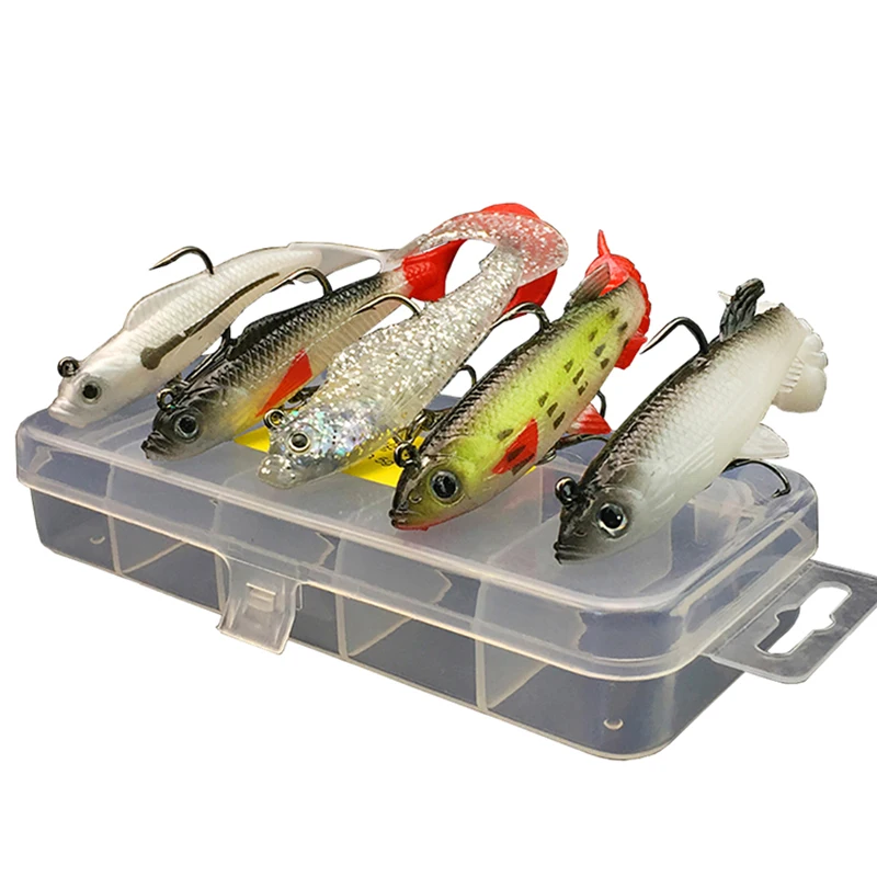 High Quality Lifelike 5pcs Set Long Tail Sink Fish Fishing Lures Tackle Soft Bait Bass Baits Grubs Treble Hooks Case Storage Box