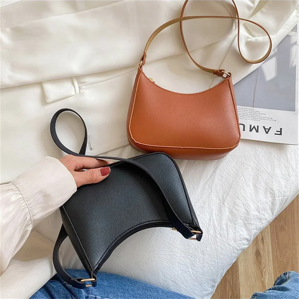 Womens Fashion Handbags Retro Solid Color PU Leather Shoulder Underarm Bag Casual Hobos Simple Design Handbags