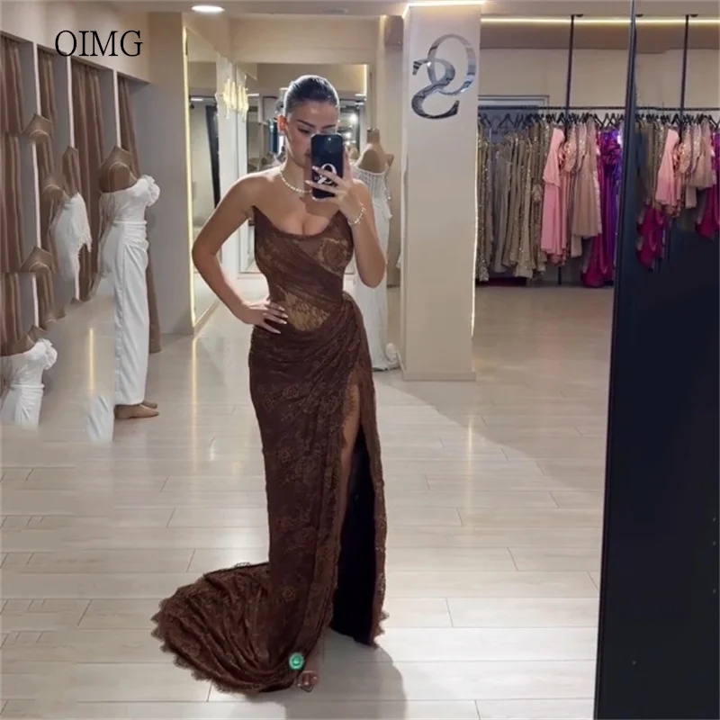 

OIMG Sexy Brown Lace Mermaid Prom Gowns Sleeveless Party Gown Slit Floor Length Evening Dress فساتين سهرة Customized