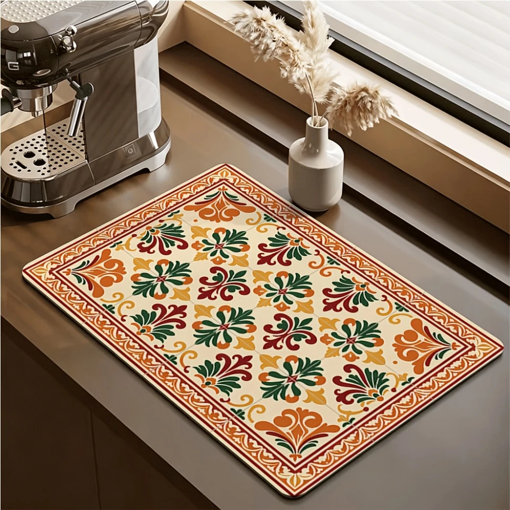 Blue Green Retro Tile Absorbent Mat Coffee Maker Countertop Drying Pad Heat Resistant Bar Dining Table Home Placemats