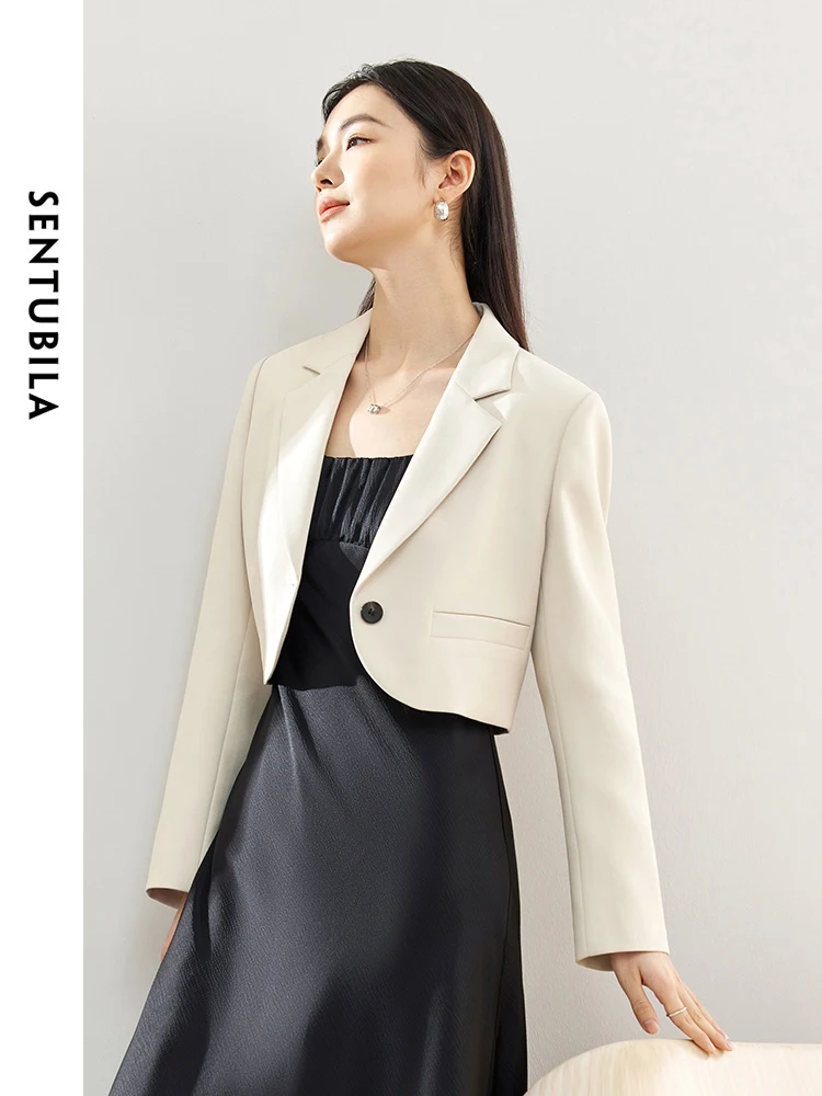 SENTUBILA Cropped Oatmeal Blazer Woman Straight Classic Notched Suit Jacket 2024 Spring Casual Long Sleeve Solid Coat 141X53034