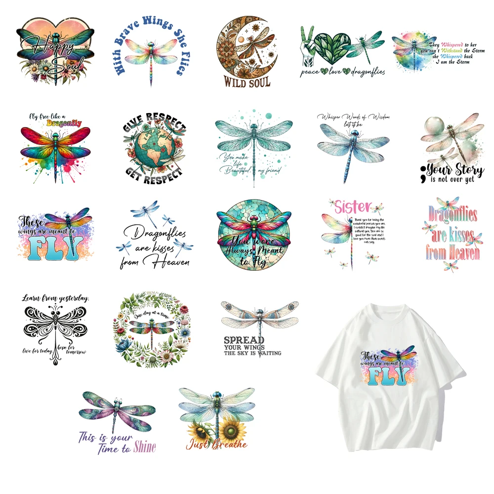 20 types Colored Insect Dragonfly DTF Thermo Sticker Decals Heat Transfer Clothes Clothing Crafts Diy Accessory wholesale