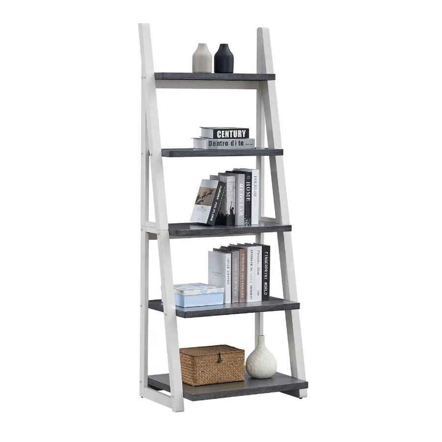 

5Tier Shelves Bookshelf Storage Rack Bookcase with Rubber Wood Frame Ladder Shelf for Living Room Home Office Kitchen Bedroom A