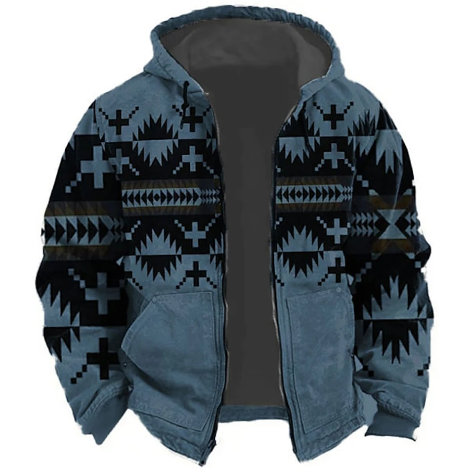 2023 Winter Zip Up Hoodies For Men Fleece Hood Jacket Clothing Tribal Traditional Print Sweatshirts Holiday Outerwear Hooded