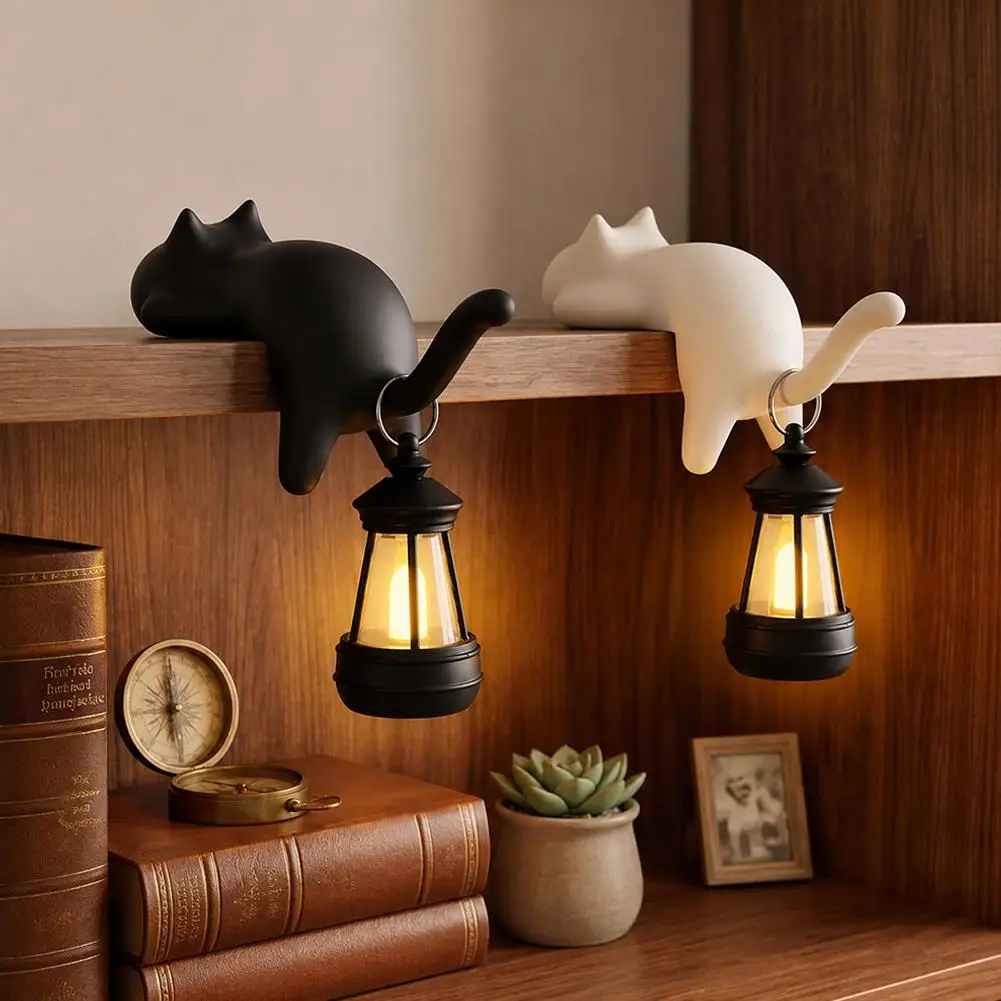 3D Printed Cat Shaped Bookshelf Hook with Mini Lantern Decorative Cat Shelf Light Key Holder Gift for Cat Lovers