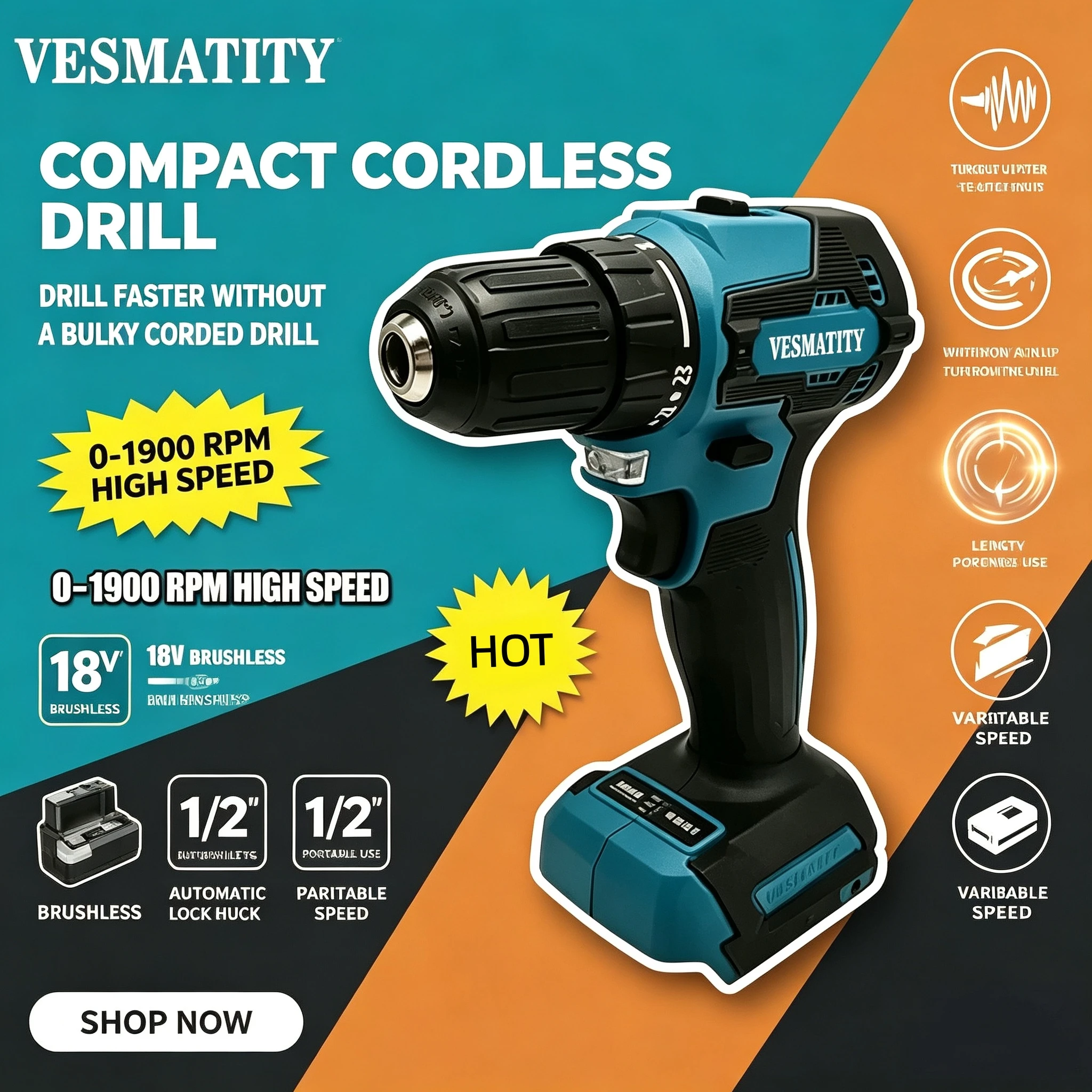 Original VESMATITY DDF487 18V Rechargeable Brushless Cordless Driver Drill Impact Screwdriver Power Tool For Home DIY AutoRepair