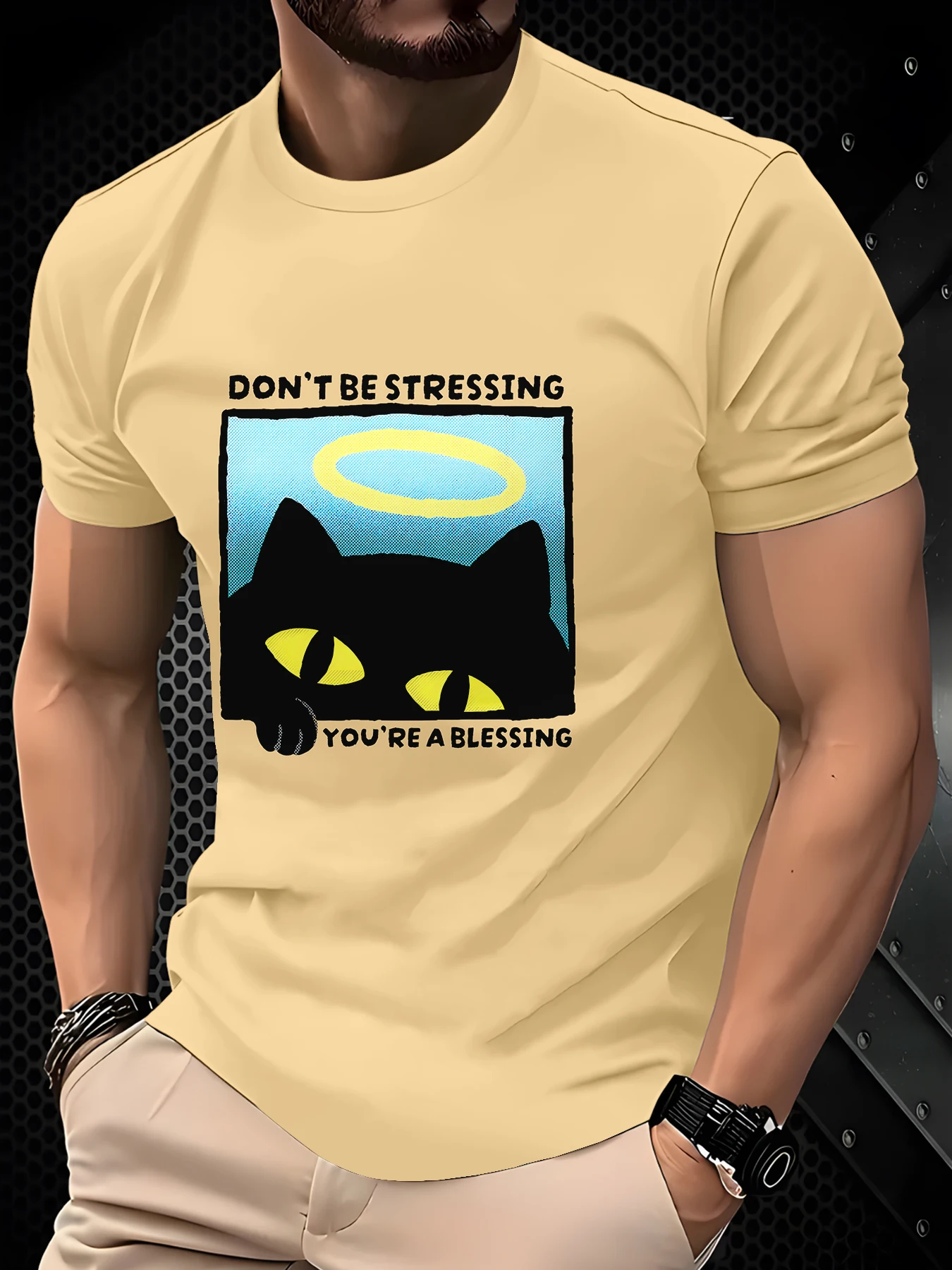 Simple Cartoon Peeking Black Cat Blessing Slogan Print Men's T-shirt