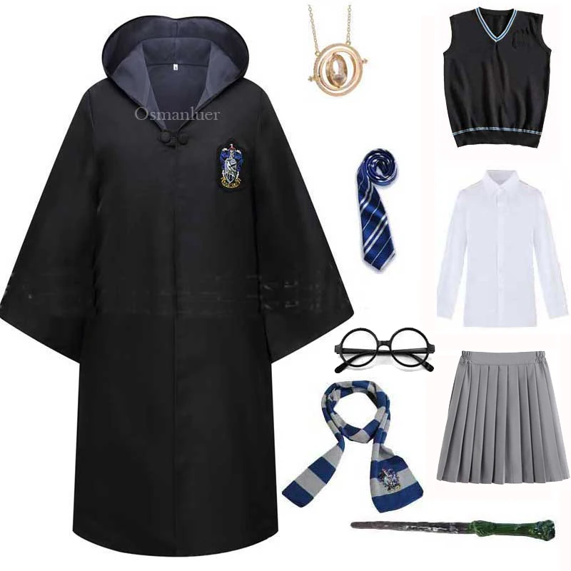 Kids Adult Magic School Uniform Cosplay Slytherin Ravenclaw Robe Cloak Sweater Scarf Tie Wand Halloween Costume