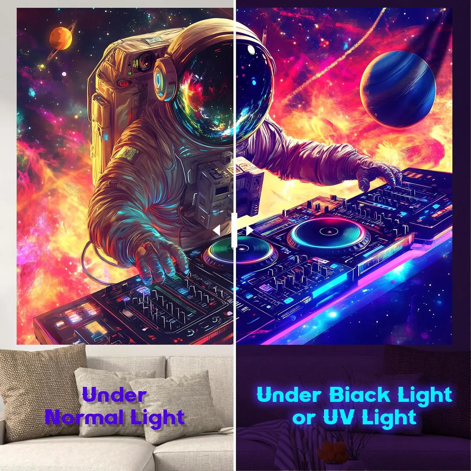 Cosmic Astronaut DJ Music Tapestry Retro Neon Space Wall Art Poster Science Fiction Party Backdrop Decoration Home Decor
