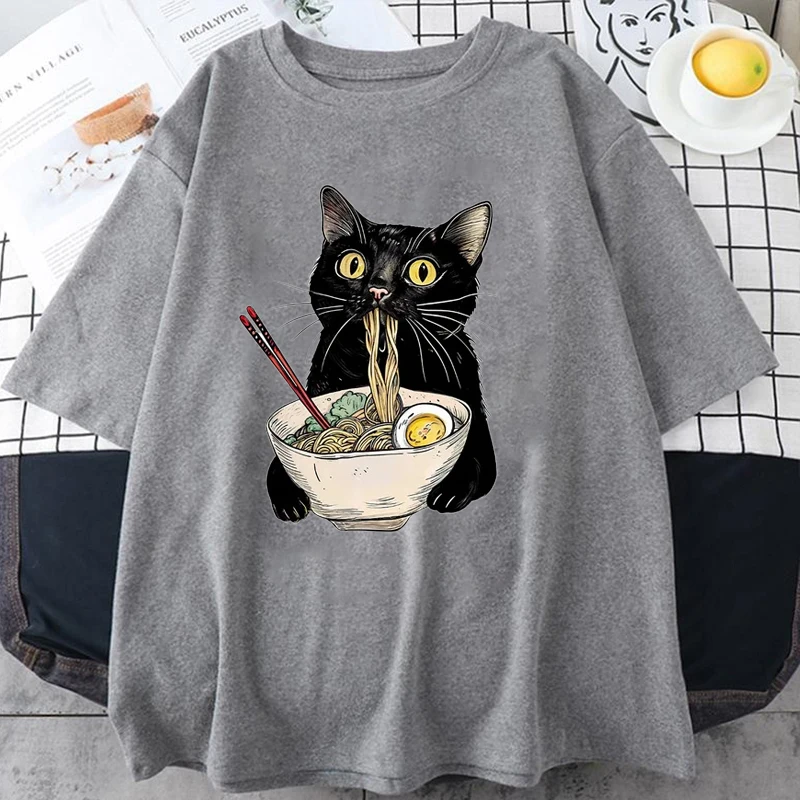 Noodle Ramen Cat T-Shirt Foodie Lover T Shirts Black Cat Noodle T-Shirts Retro Casual Short Sleeve Tshirt for Men Women Clothes