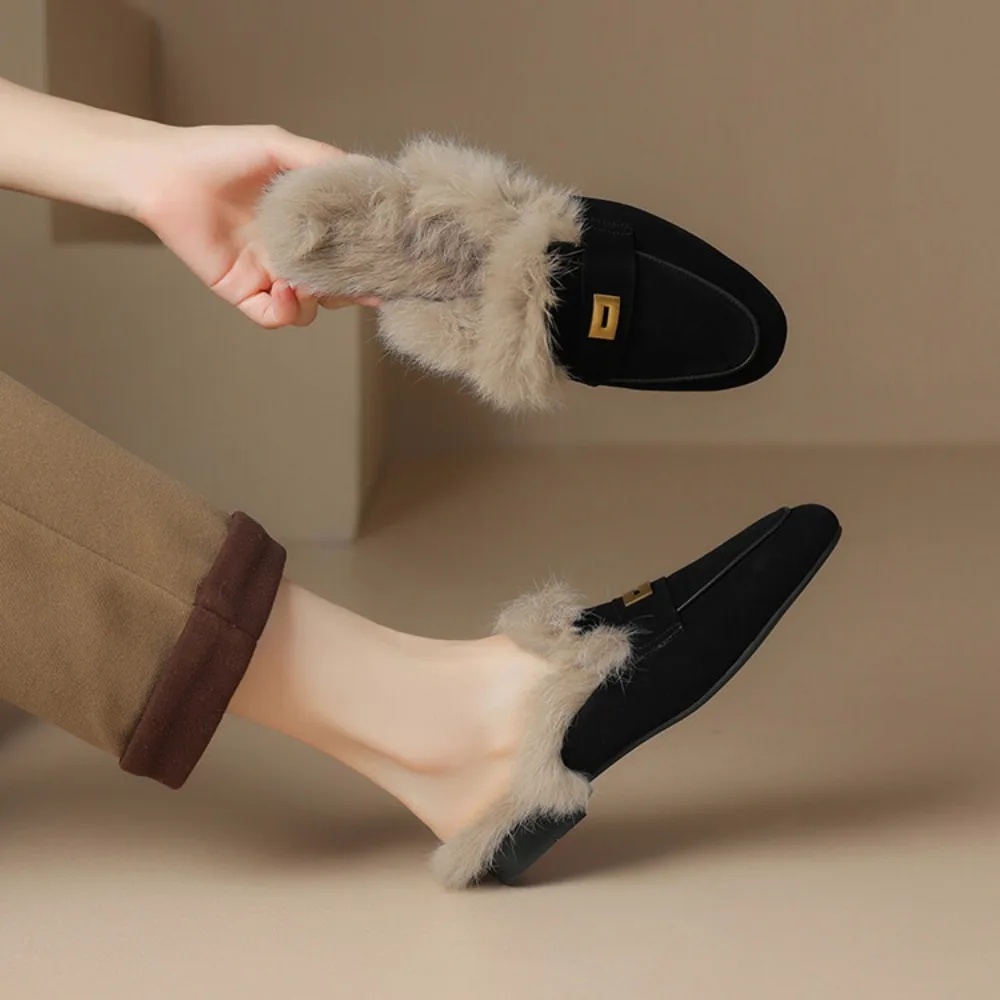 Winter Shoes Women Suede Rabbit Hair Mules Slipper Fashion Solid Color Closed Toe Fur Slippers Casual Outside Furry Warm Slides