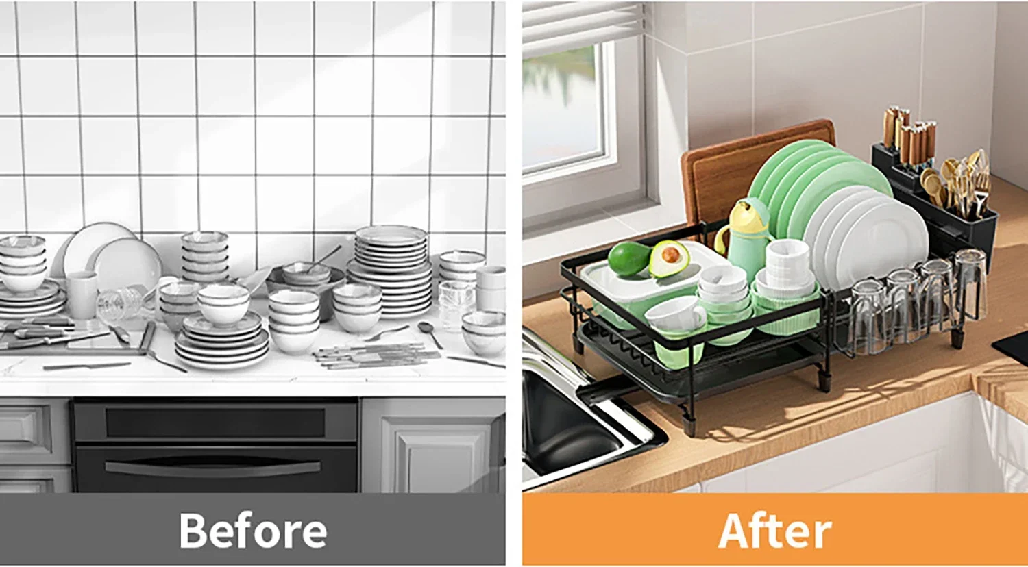 Estante para secar platos para muebles del hogar, estante para platos con escurridor, estante para secar platos expandible para cocina con boquilla giratoria y