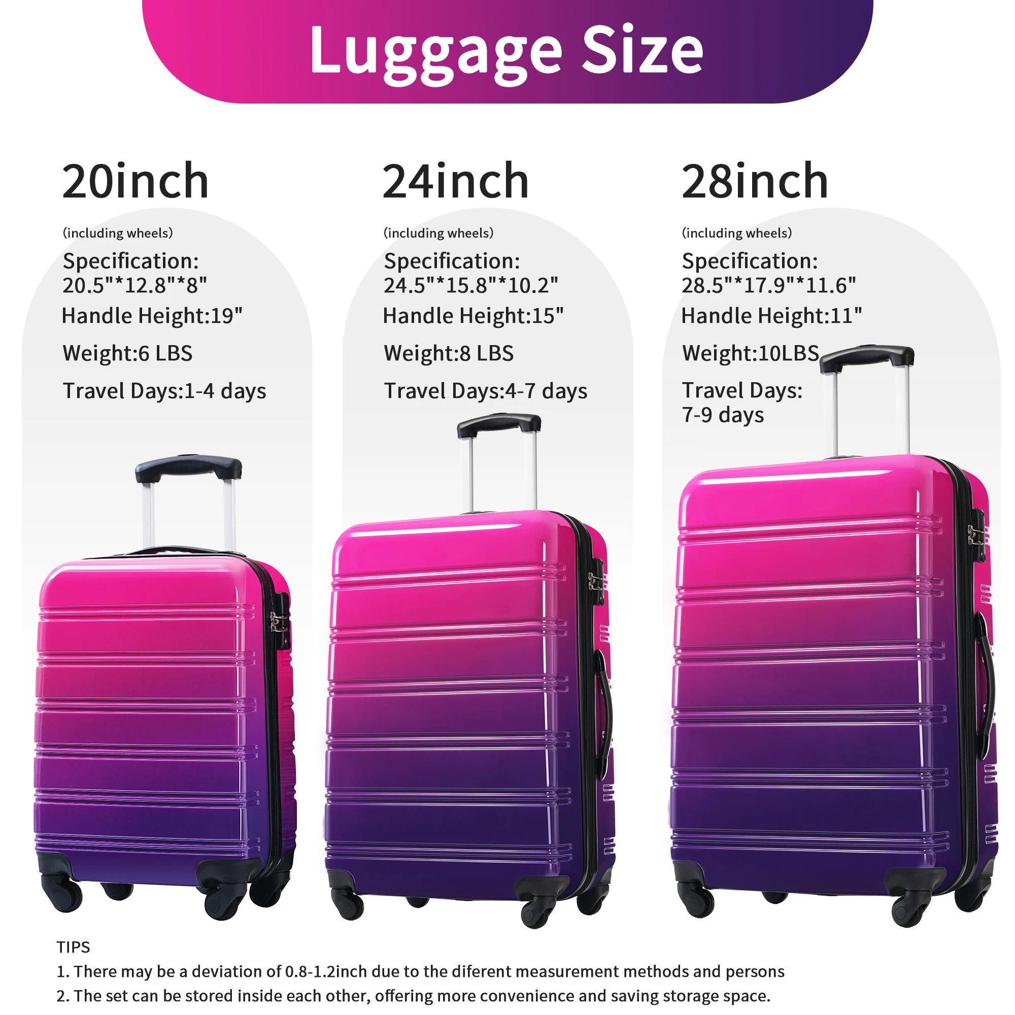 Hardshell Luggage Sets 3 Piece Gradient Color Expandable Suitcase with Spinner Wheels and TSA Lock Lightweight 20" 24" 28" 2