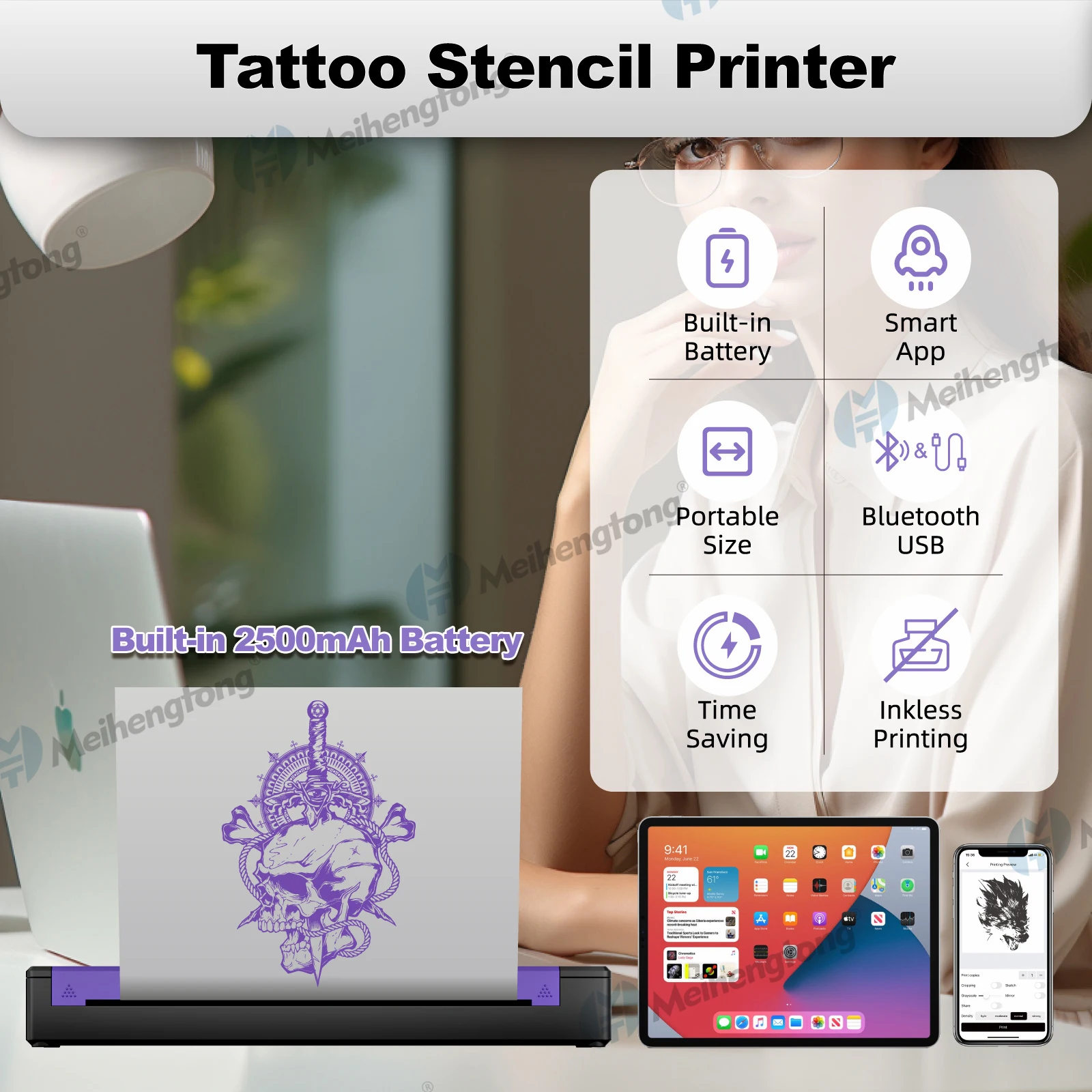 MHT-P19 Tattoo Transfer Machine Wireless Portable Tattoo Stencil Printer Bluetooth Mobile&PC Thermal A4 Tattoo Thermocopier