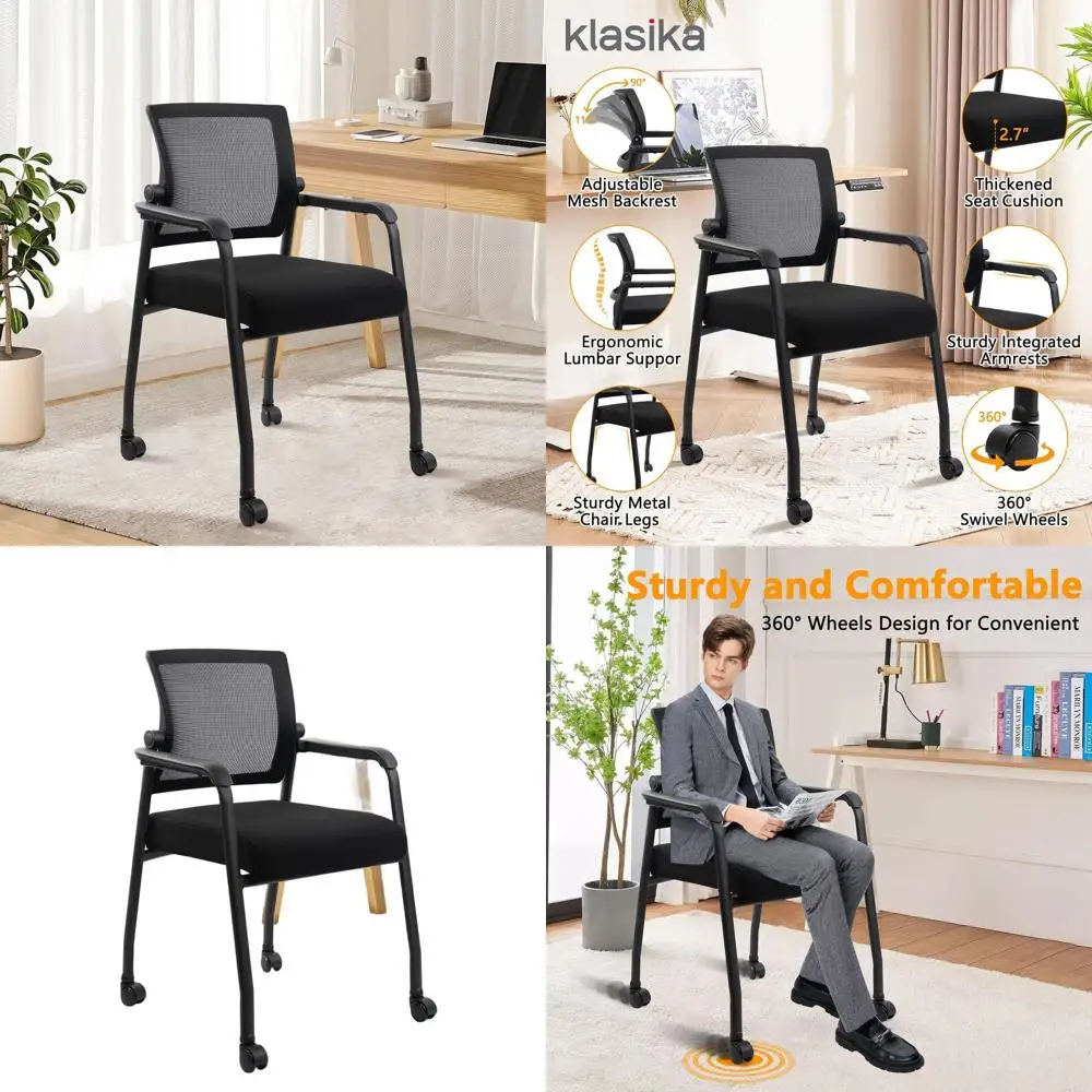 

Ergonomic Wheeled Guest Chair with Cushioned Seat and Adjustable Mesh Back, Ideal for Waiting Rooms, Schools, and Churches in Bl