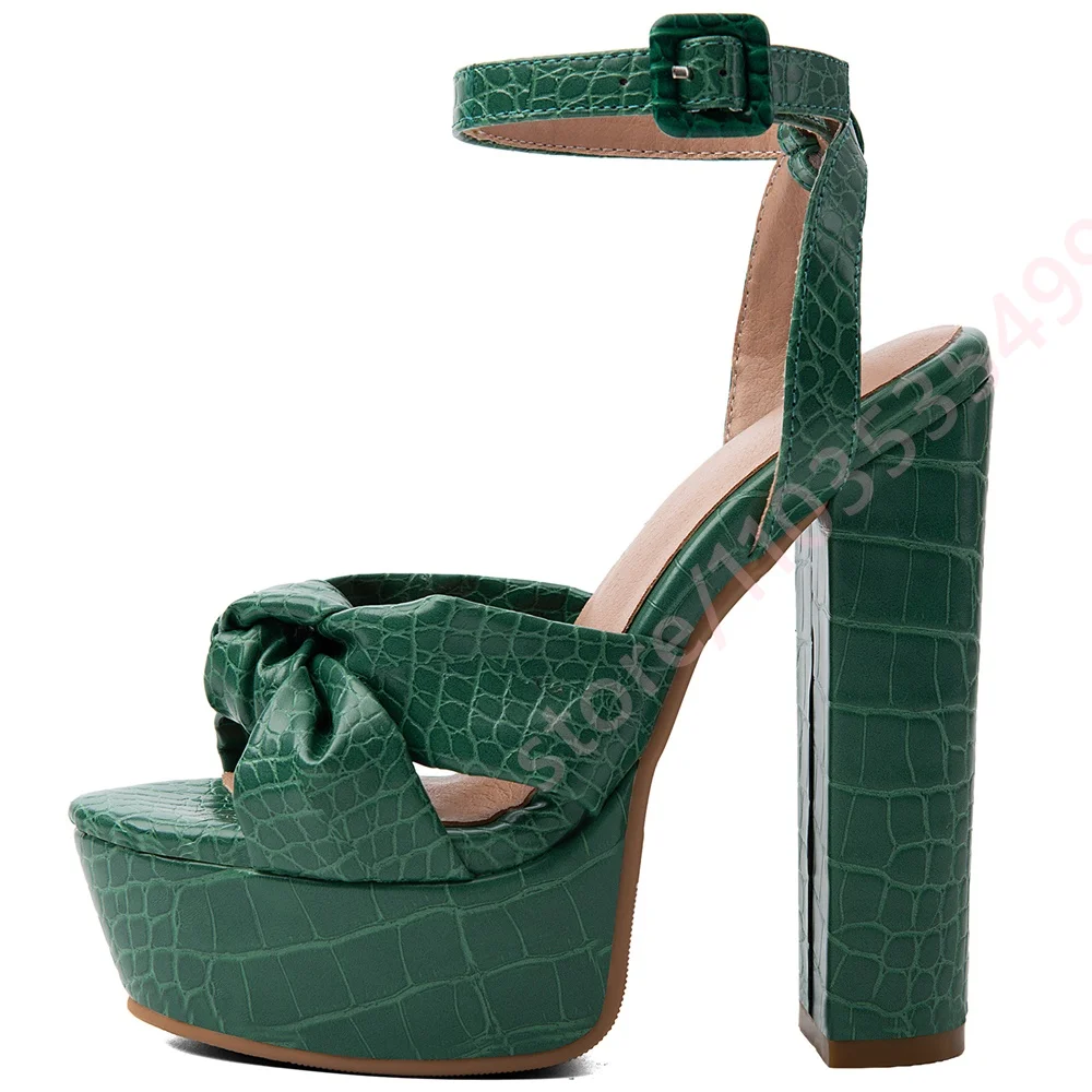 Women Green Crocodile Platform Sandals Knotted Bow Detail Ankle Strap Buckle Chunky Block High Heel Summer Party Dress Shoes