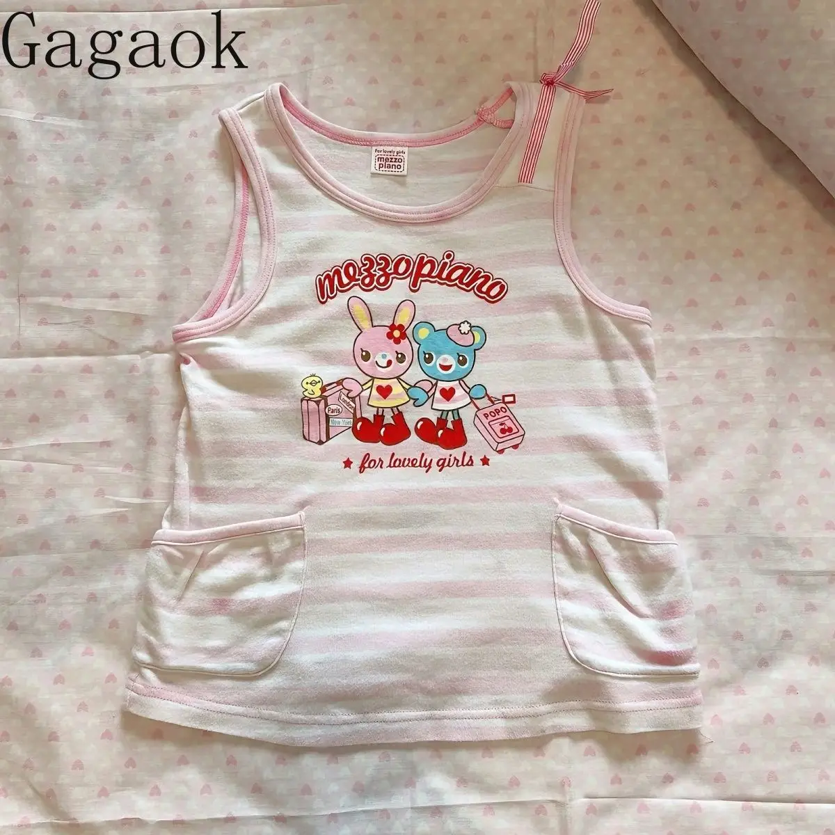 

Gagaok Summer Ropa Mujer Japanese Tank Top Cute Vintage Striped Pocket Cartoon Sweet Y2k Top Slimming Sleeveless Camis