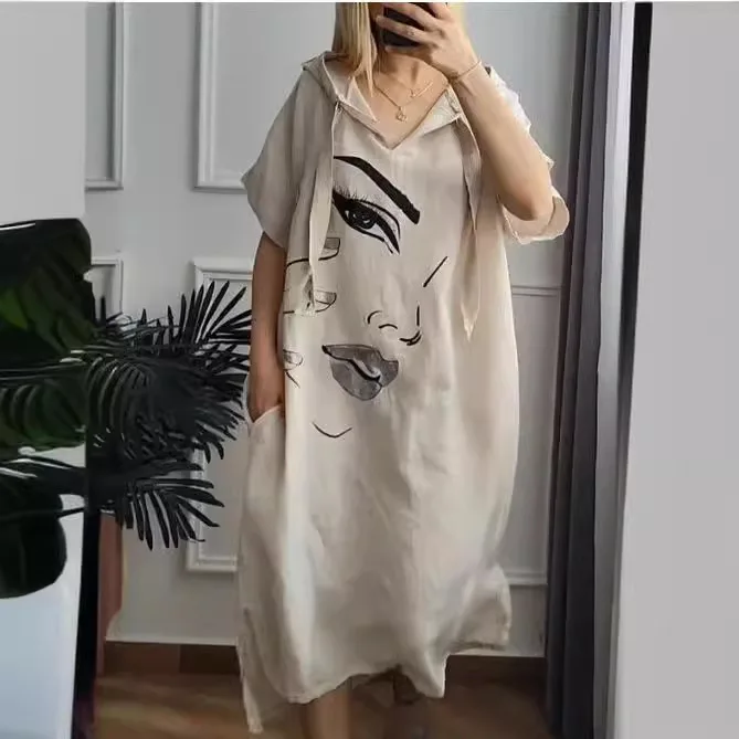 Urban Casual Hooded Dress V-neck Pocket Printed Short-sleeved Loose Hooded Face Heat Transfer 2024 Summer Dress Robe For Women