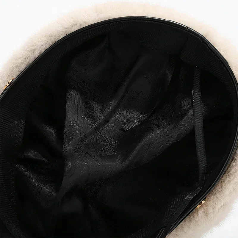 Vintage Nerz Pelz Baskenmütze Frauen Luxus Vielseitige Künstler Hut Mädchen Dame Winter Warm Großen Kopf Achteckige Kappe Harte Krempe Ski Caps
