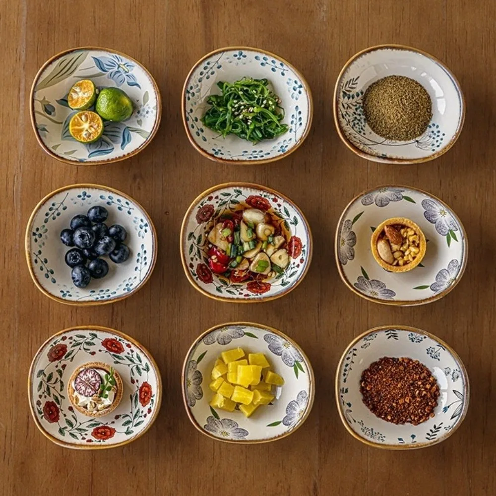 Creative Retro Ceramic Flavor Dish Mini Floral Pattern Dipping Dish Irregular Exquisite Mini Fruits Bowl Hot Pot