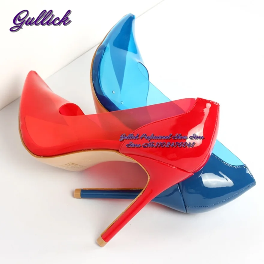 Gullick Neon Yellow Clear PVC High Heel Shoes Pointed Toe Shallow Cut Slip-On Dress Pumps Red Blue Transparet Wedding Heels