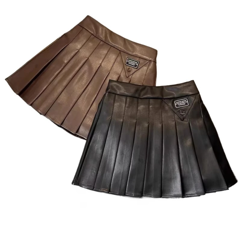 Fashion Girl Skirt PU Leather Pleated Skirt Plus Size TeenGirl Clothes JK Skirts with Safty Shorts Kids Clothing Children Outfit
