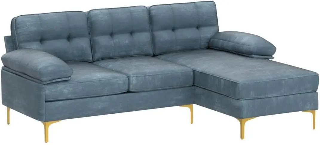 Blue Convertible Sectional Sofa Chenille Fabric L shaped Couch Small 3 seats Reversible Sleeper Sofa Machine Washable Covers