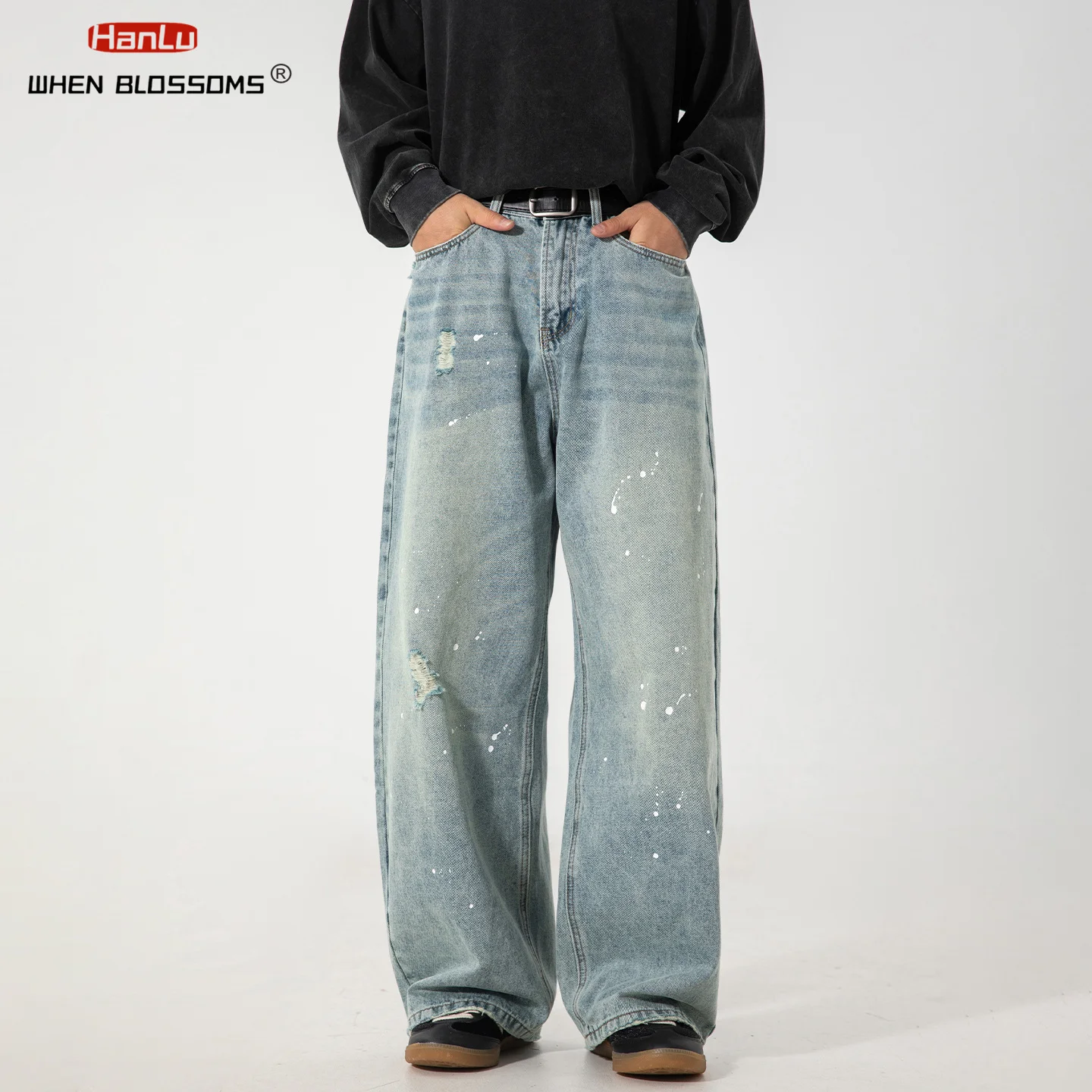 2025 masculino vintage lavado splatter jeans japonês relaxado ajuste perna reta angustiado denim calças de rua de grandes dimensões