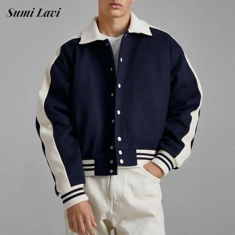 

Streetwear Vintage Jackets For Mens Outdoor Casual Lapel Buttoned Patchwork Jacket Coat Men Stylish Striped Contrast Color Coats