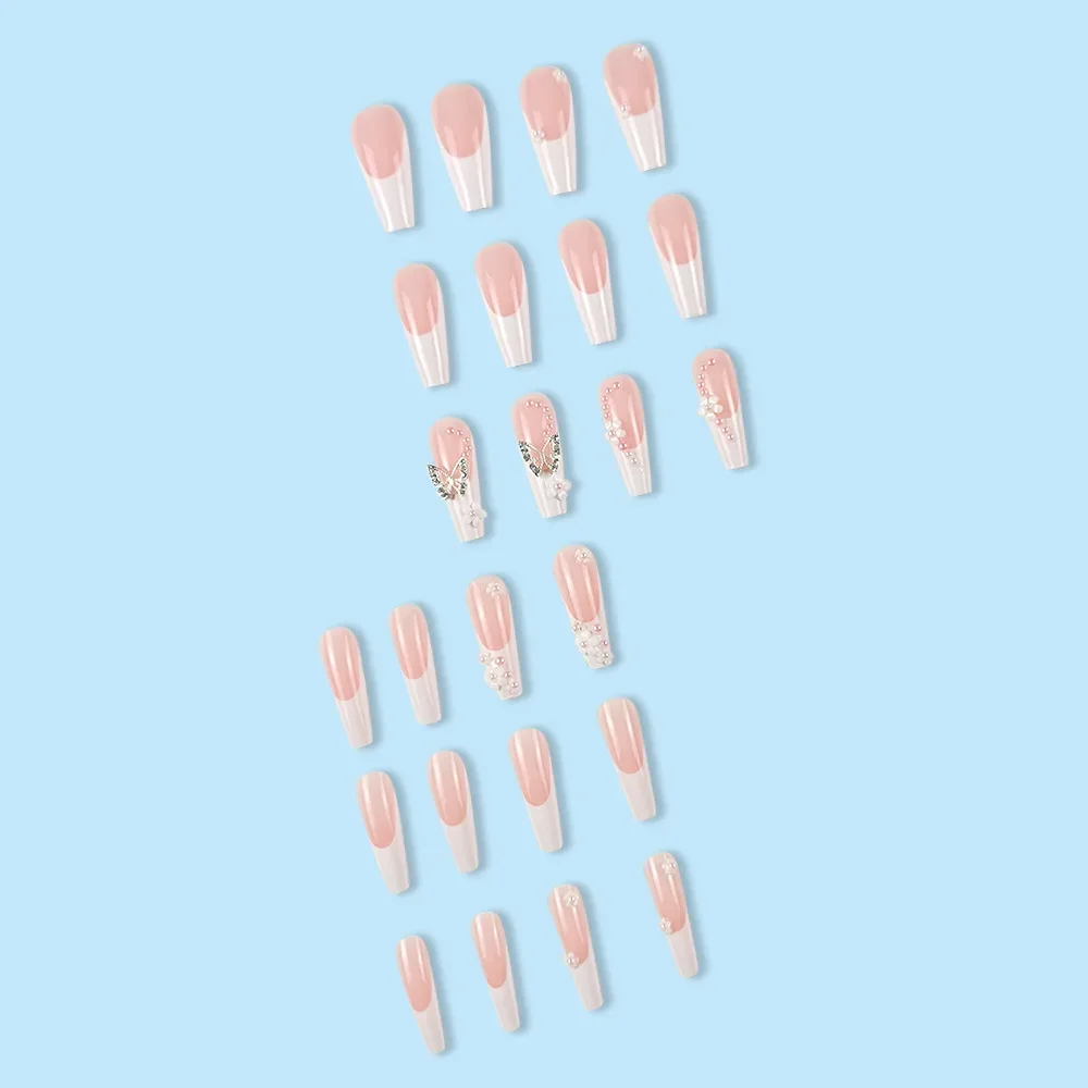 

Elegant Nude Pink French Press-On Nails, 24Pcs Long Coffin Fake Nails with 3D Flower, Pearl & Rhinestone Butterfly Details, Detachable Nail Tips