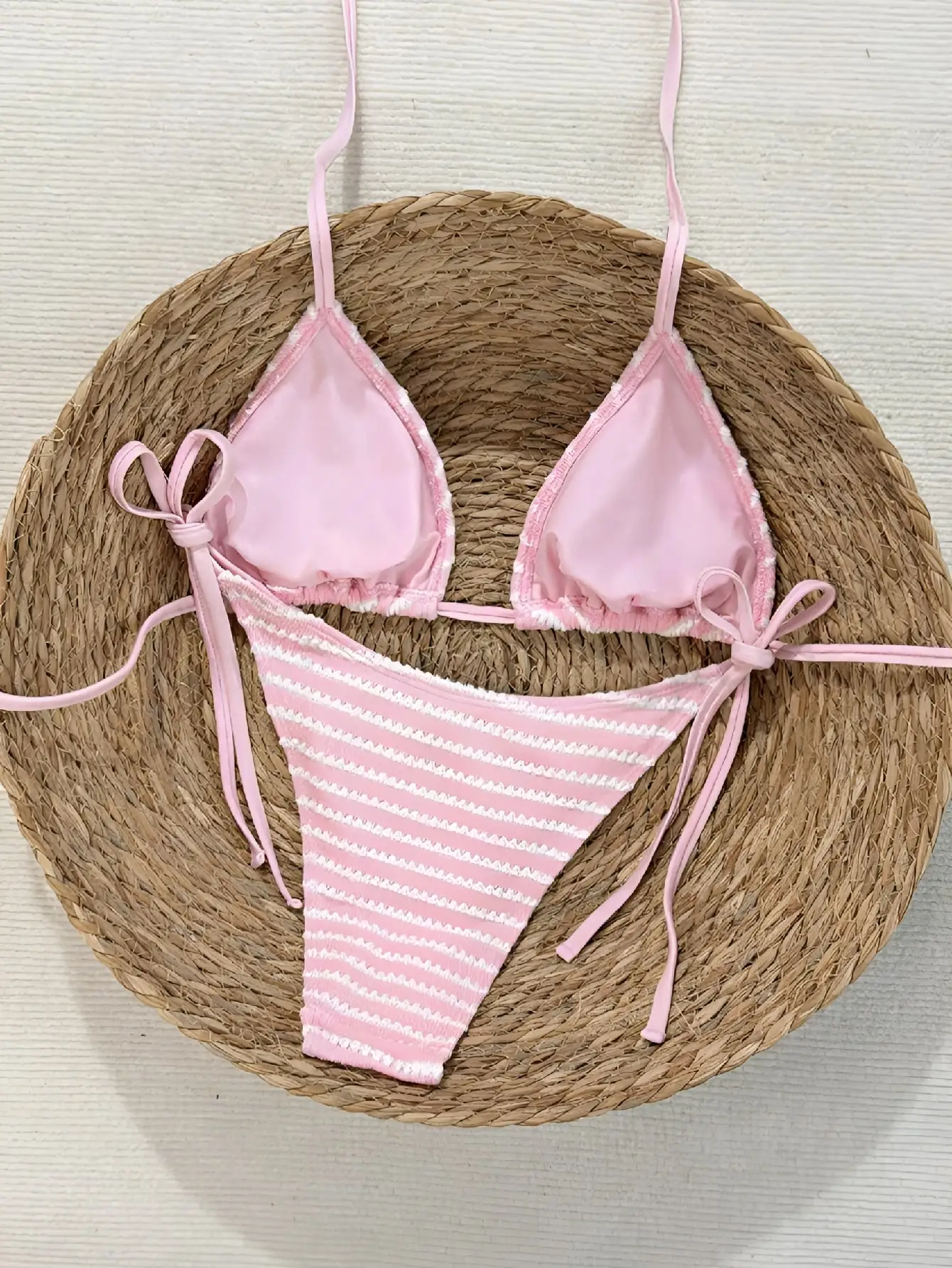 Sweet Pink White Textured Stripe Bikini Halter Triangle Cup Tie Side Two‑Piece Swimwear Women Beach Swimsuit