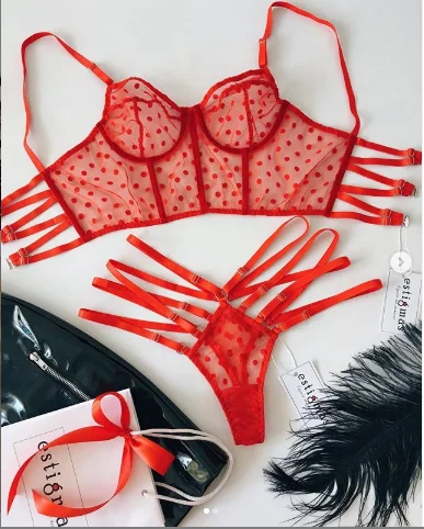 Terno de roupas íntimas sexy para mulheres, sutiã de espaguete em bolinhas, cueca de cintura alta para meninas, preto e vermelho, 2 peças