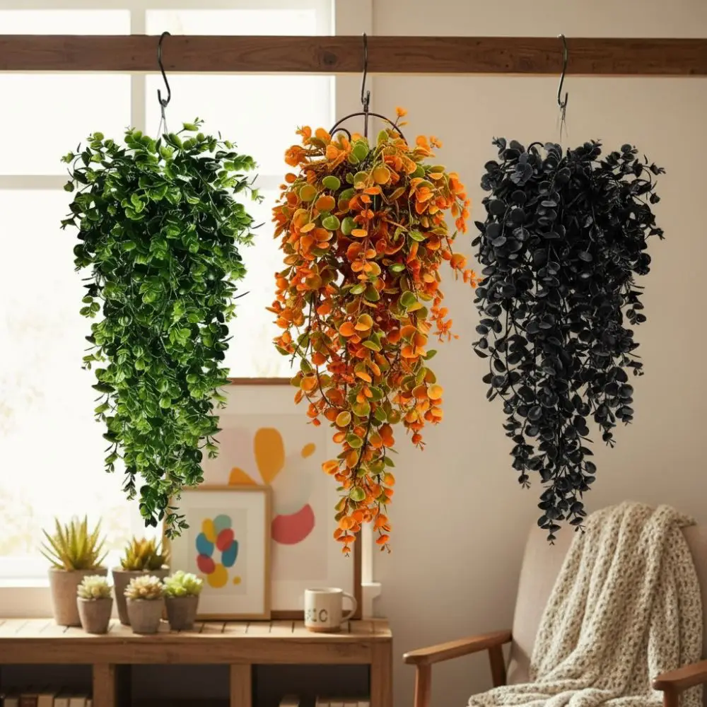 5 Forks Artificial Eucalyptus Leaf Vine Plastic Long Vines Penny Leaf Decor Plant UV Resistant Dark Style