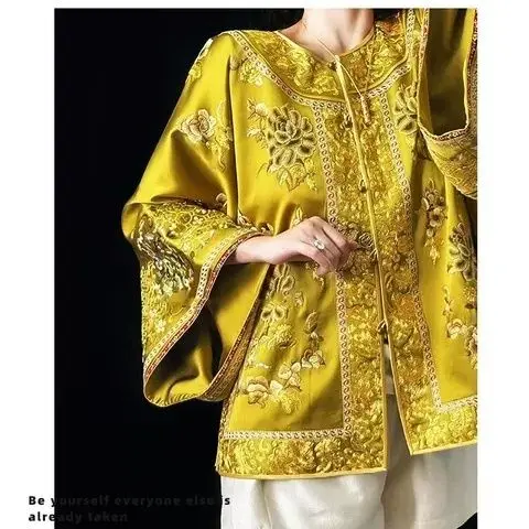

Traditional Chinese Ethnic Blouse Vintage Women Blouse Yellow Cheongsam Top Chinese Big Sleeve Coat Women Tangsuits Top