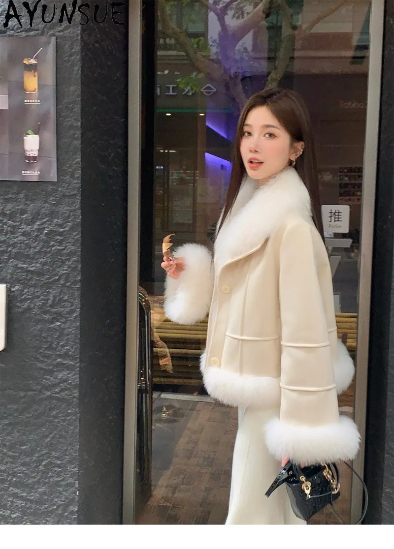 AYUNSUE Large Fox Fur Collar Faux Suede Fur Coat White Goose Down Liner Female Winter Clothing Short Length Down Jacket Women